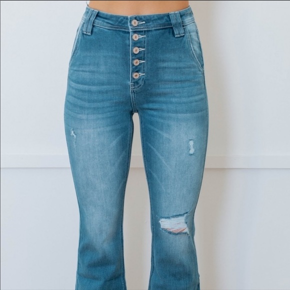 High Rise Waist Denim Jeans Bell Bottom Distressed - Picture 3 of 4
